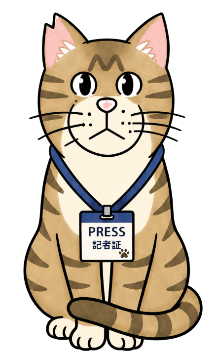PRESS記者証を下げて座っている、猫記者ブンタ
