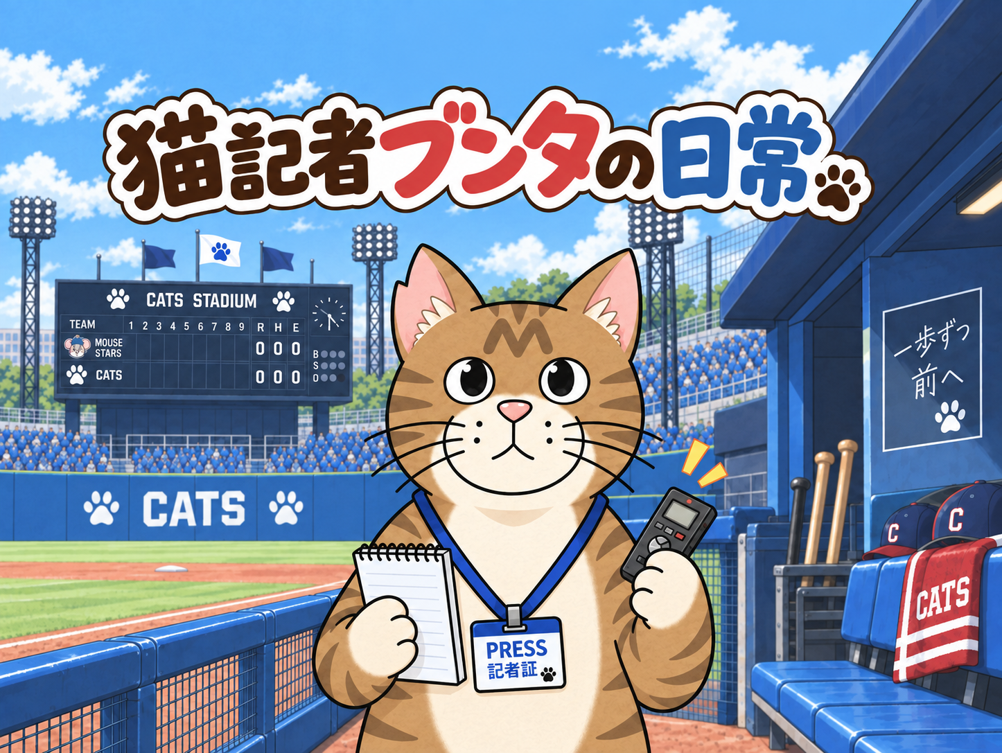 野球場でメモ帳とICレコーダーを持つ記者猫ブンタ、「猫記者ブンタの日常」のタイトルロゴ入り