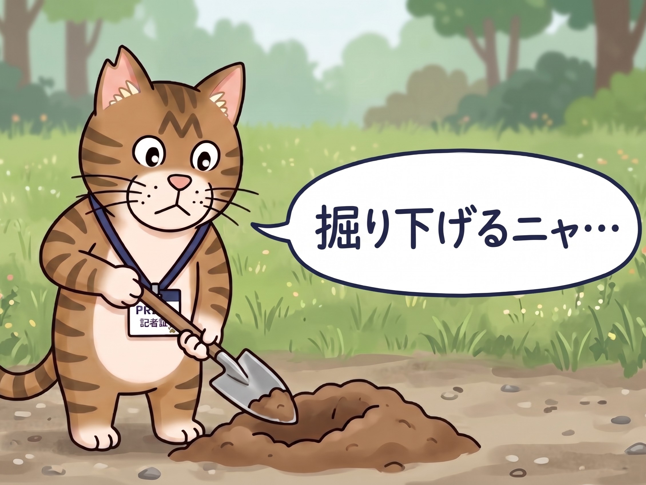 「掘り下げるニャ」とシャベルで穴を掘るブンタ