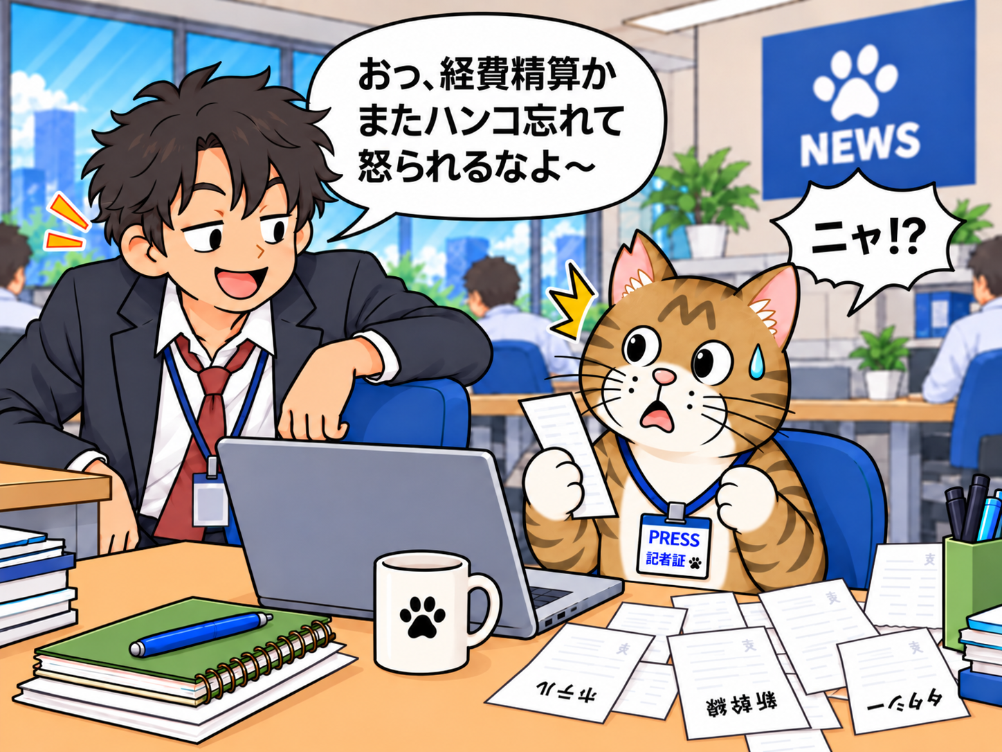 隣の席の先輩記者が「おっ、経費精算かまたハンコ忘れて怒られるなよ〜」と声をかけ、文太が汗をかいて「ニャ!?」と驚いている