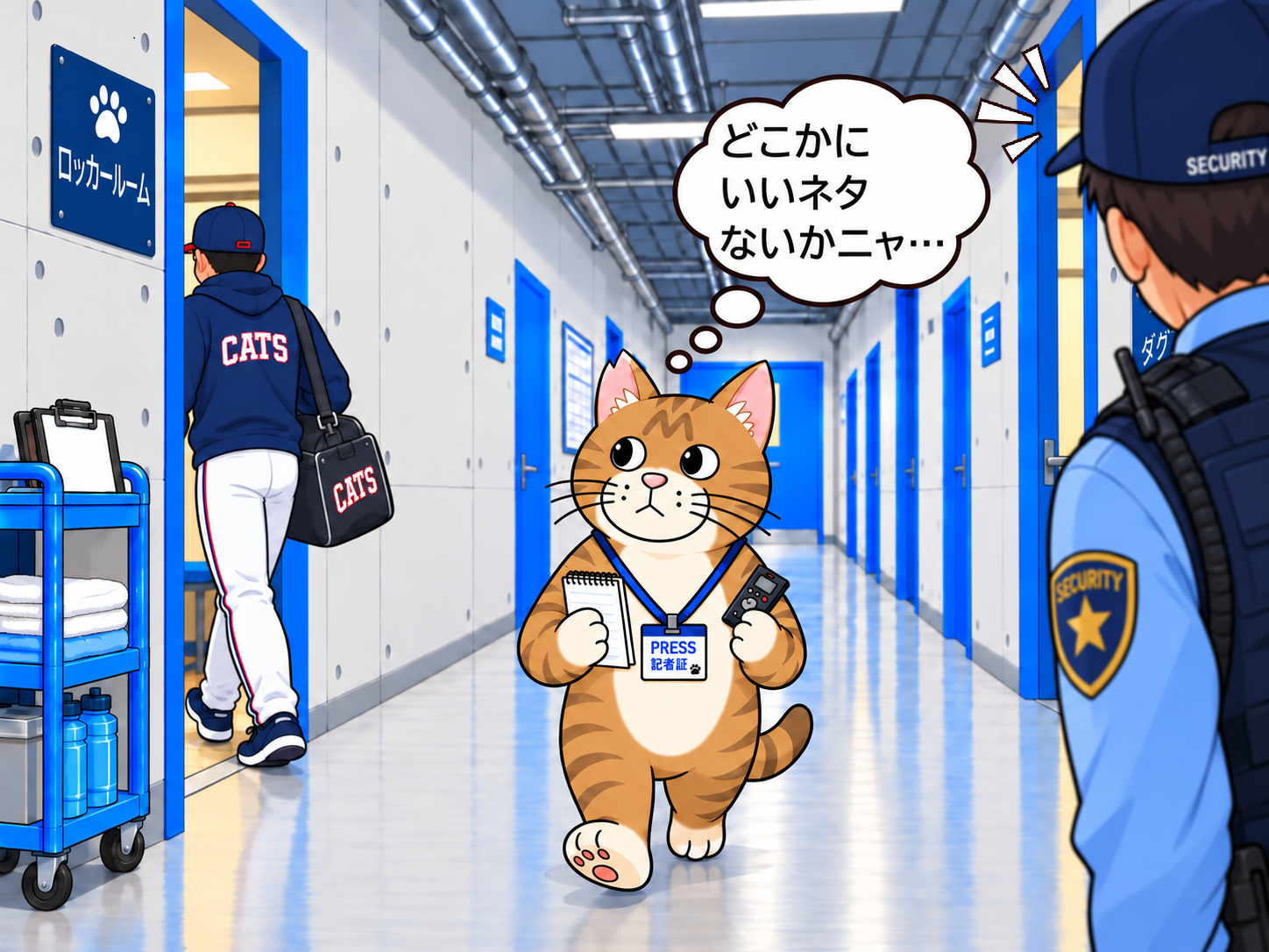 ベンチ裏の通路でネタを探して歩くブンタ