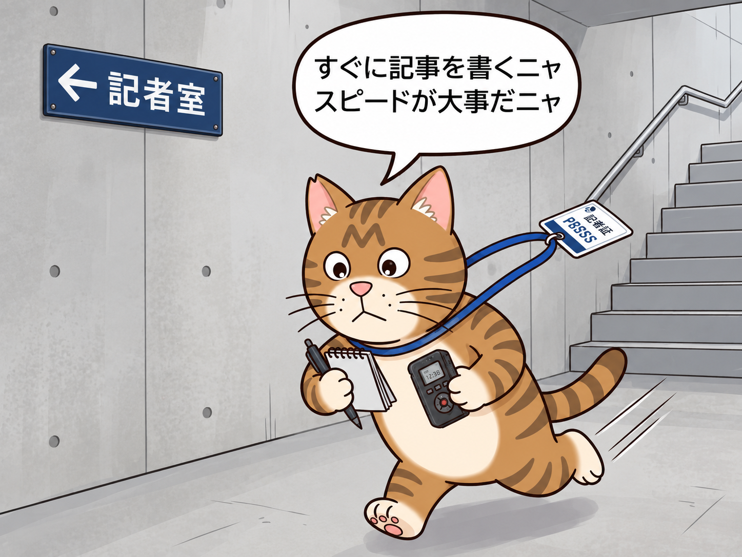 ブンタが記者室へ急いで戻る場面