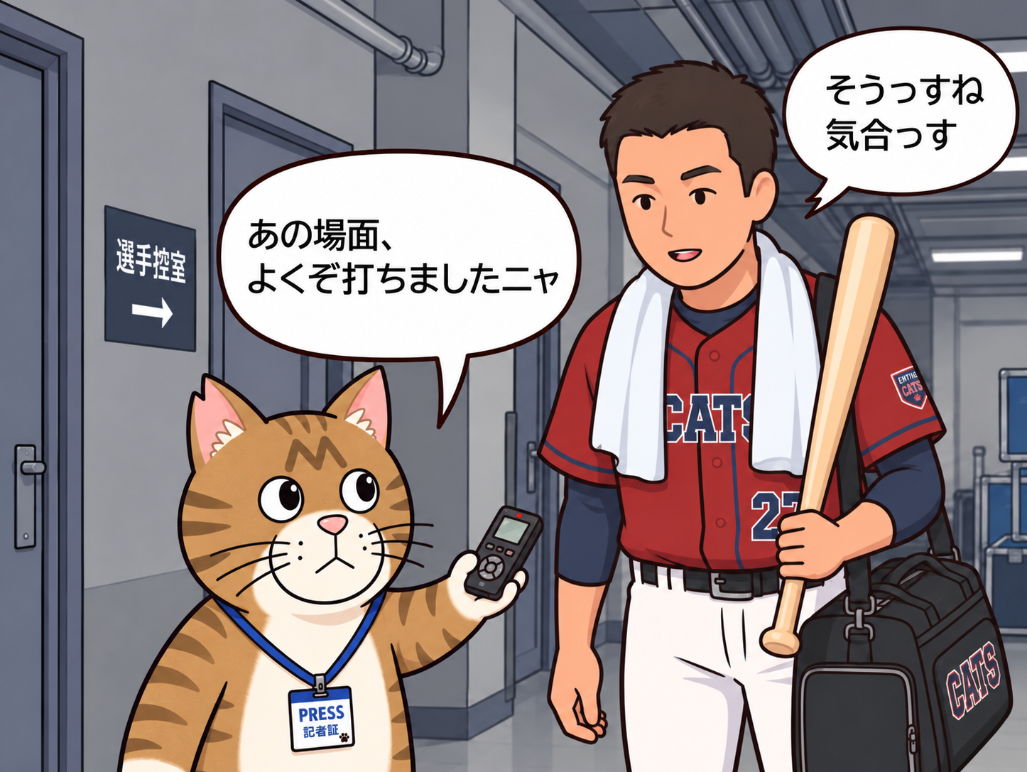 記者猫ブンタが試合後の選手に取材する場面