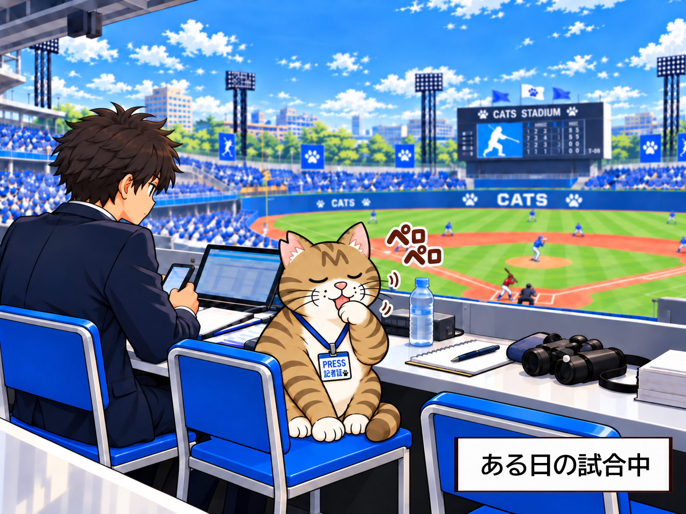 野球場でメモ帳とICレコーダーを持つ記者猫ブンタ、「猫記者ブンタの日常」のタイトルロゴ入り
