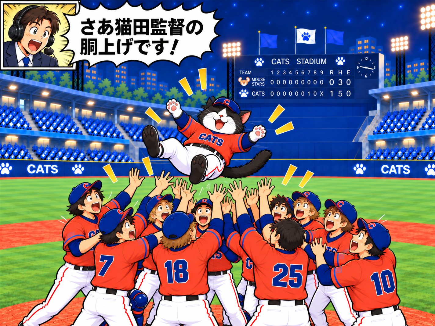 選手たちが白黒ハチワレの猫田監督を胴上げしている。監督はあおむけで宙に舞い上がっている。