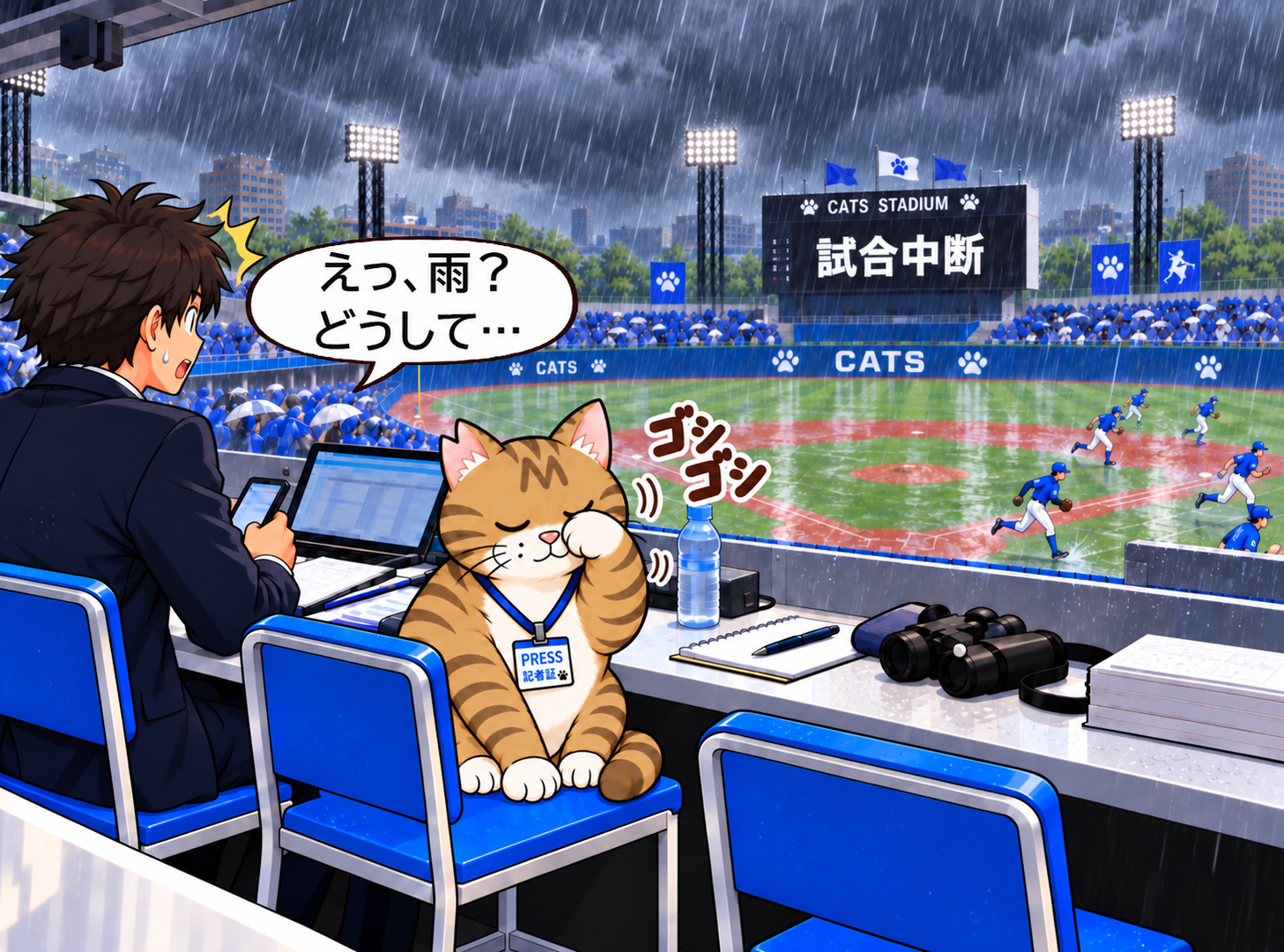 急な土砂降りでビジョンに「試合中断」と表示され、選手が引き上げる中、先輩記者が驚き、ブンタは毛づくろいを続けている場面