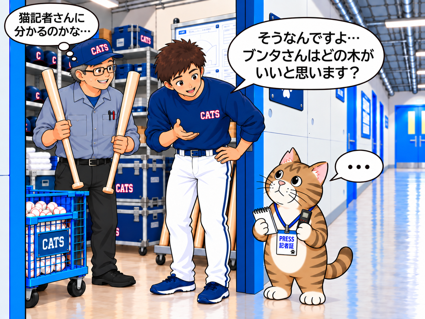 バット職人と選手が、ブンタに「どの木がいいと思うか」と尋ねている場面
