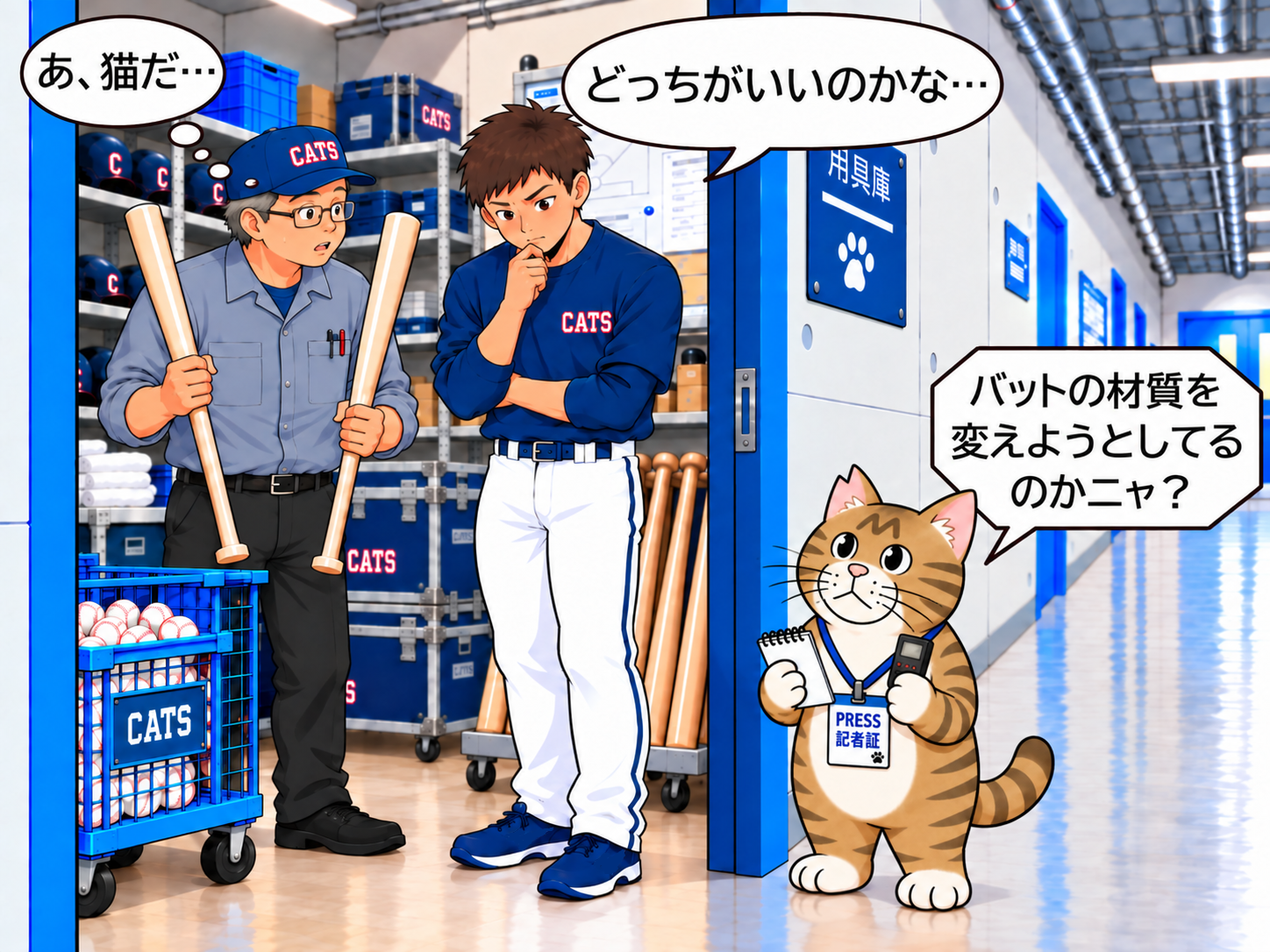 バット職人と選手がどちらの木材にするか悩む中、扉の外からブンタが話しかける場面