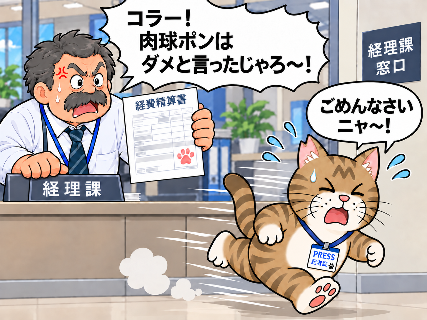 経理課の窓口で、肉球印の押された経費精算書を持った経理担当が「コラー！肉球ポンはダメと言ったじゃろ〜！」と怒り、文太が「ごめんなさいニャ〜！」と走って逃げていく