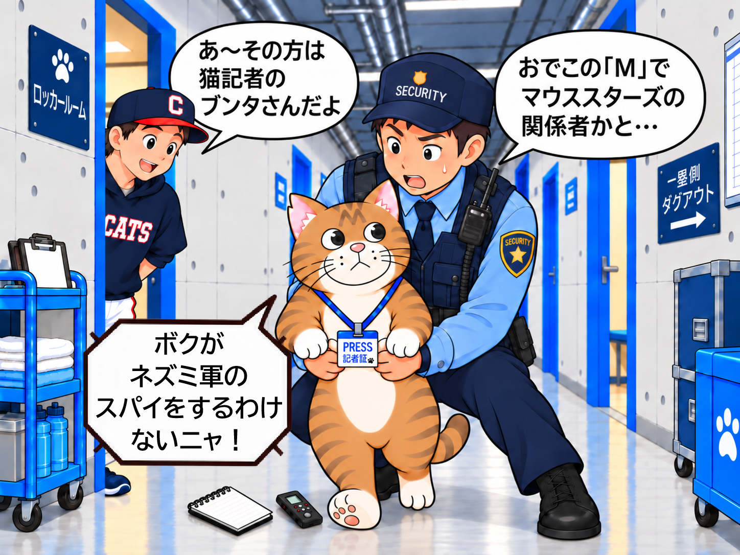 選手の説明で誤解が解けるブンタと警備員