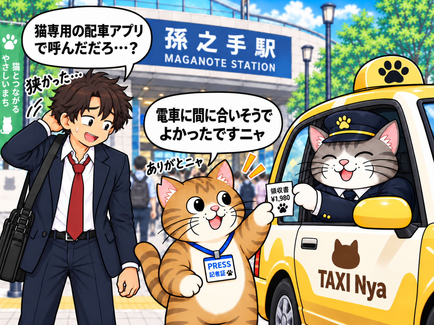 駅前で、猫の運転手が窓から領収書を差し出し、ブンタが受け取っている場面。先輩記者はくたびれた様子で立っている