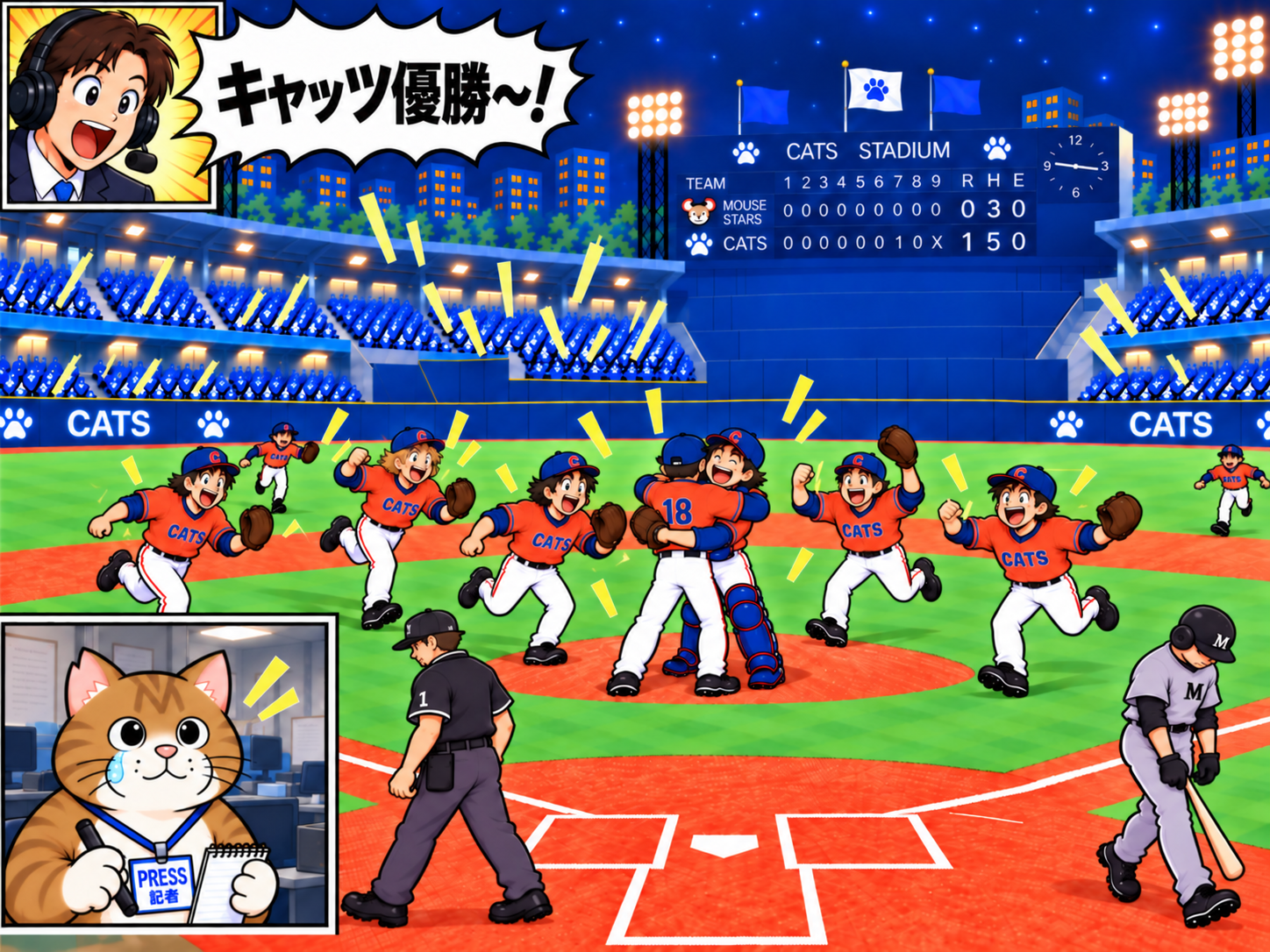 夜の球場で優勝が決まり、マウンドで背番号18の投手と捕手が抱き合い、選手たちが駆け寄る。実況アナウンサーが「キャッツ優勝～！」と叫び、記者席のブンタは目をうるませている。