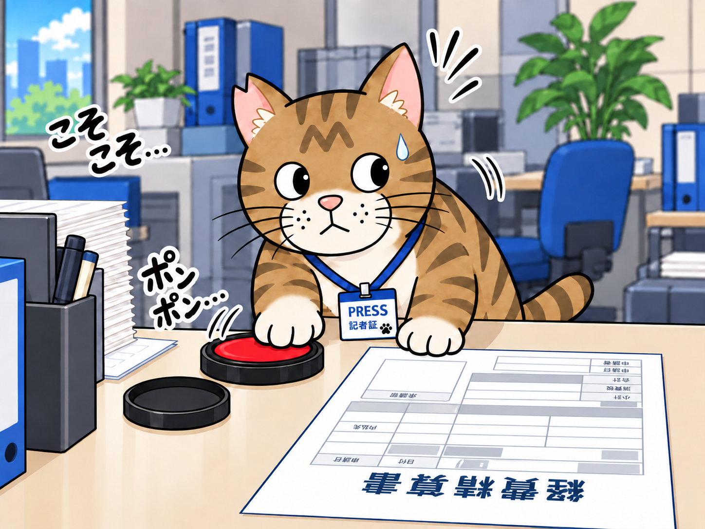 周りをうかがいながら、文太が朱肉に前脚を押し付けている。手前には経費精算書が置かれている