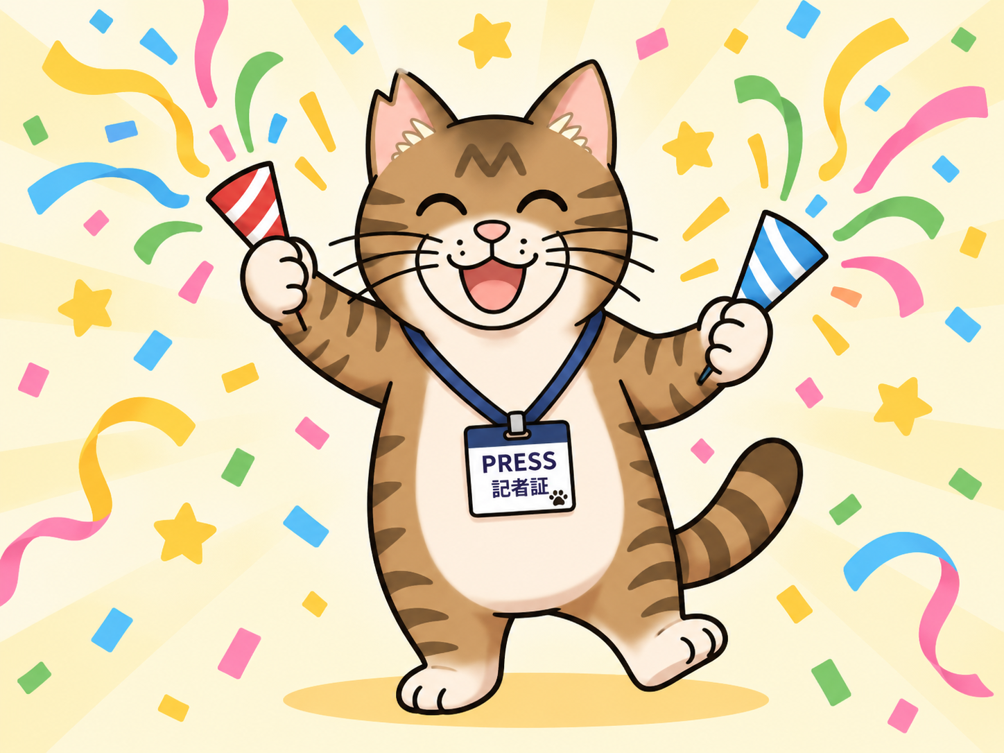 紙吹雪とクラッカーの中、PRESSの記者証をつけて喜ぶ猫記者ブンタのイラスト