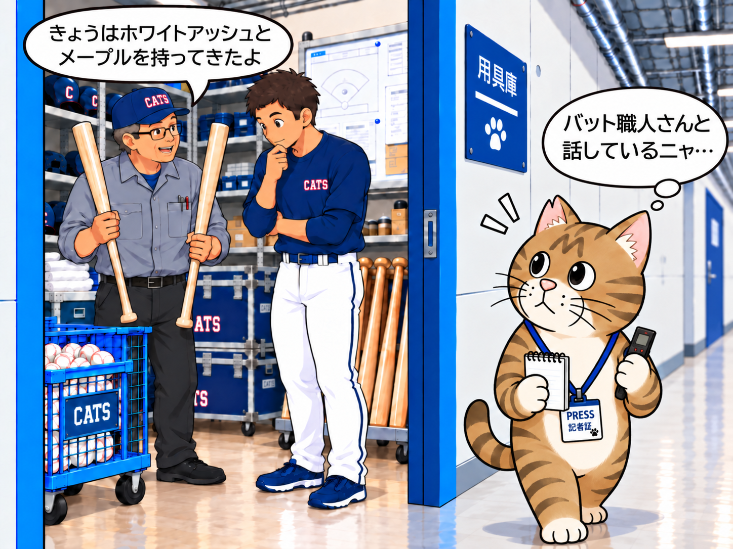 用具庫でCATS帽のバット職人がホワイトアッシュとメープルのバットを選手に見せている。扉の外からブンタがその様子をうかがっている場面