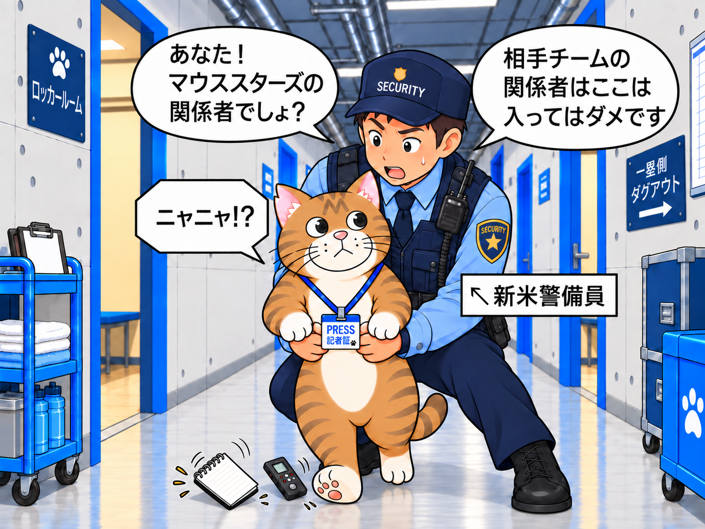 新米警備員に羽交い絞めにされるブンタ