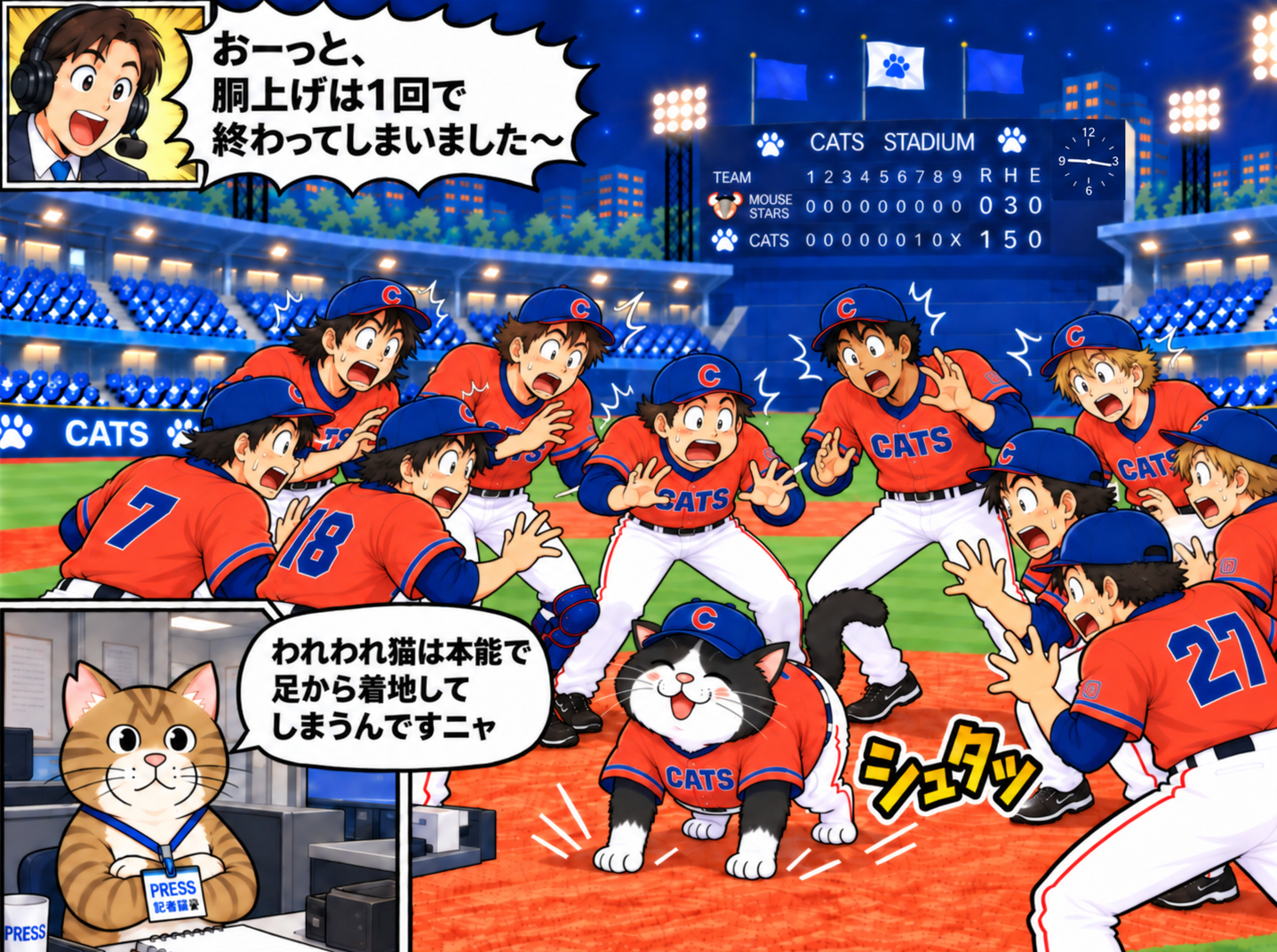 猫田監督が四本足でシュタッと着地して照れ笑いし、選手たちはあっけにとられている。実況「おーっと、胴上げは1回で終わってしまいました～」。記者席のブンタ「われわれはつい足から着地しようとしてしまうんですニャ」。