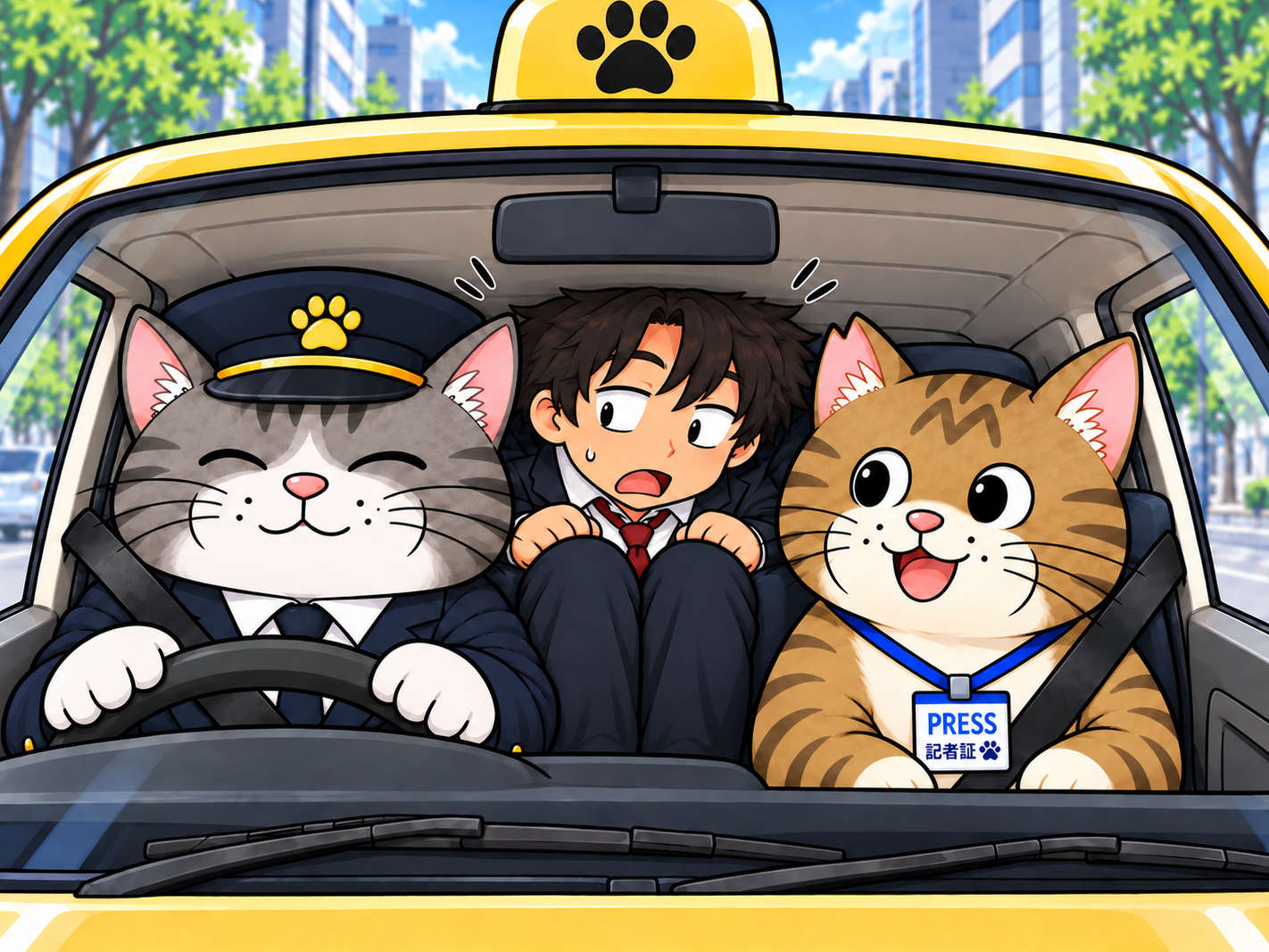 小型タクシーの車内。運転席に猫の運転手、助手席にちょこんと座るブンタと、後部座席で窮屈そうな先輩記者