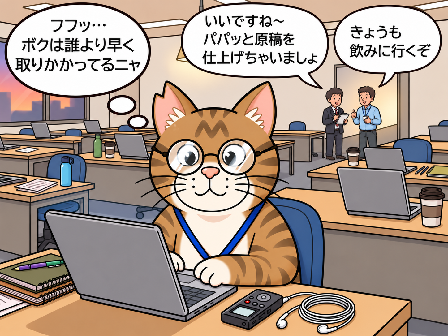 他の記者が雑談する中、誰より早く原稿に取りかかるブンタ