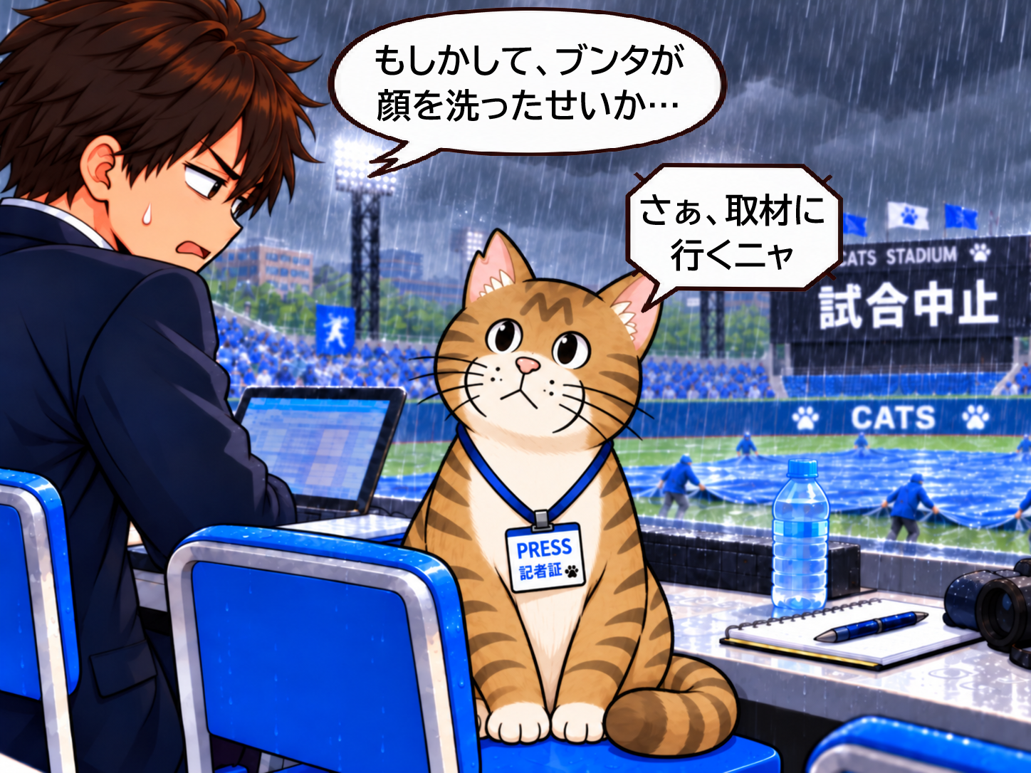 試合中止となったグラウンドにブルーシートがかけられ、先輩記者がブンタに声をかけ、ブンタが先輩を見上げている場面